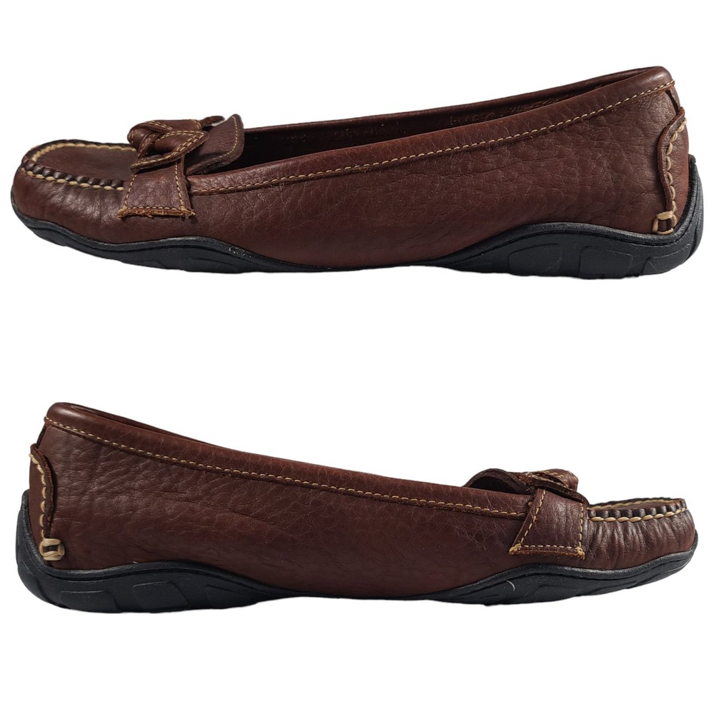 LL Bean Brown Pebble Leather Driving Shoes Loafers Flats Bow Tie 9 W